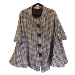 50s 60s Vintage Tweed Cape Jacket Button Up Womens Mid Century Mod Swing Coat OS